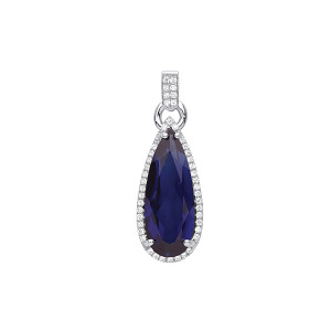 Silver CZ & Sapphire Long Drop Shape Pendant