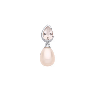 Silver CZ & White Rice Shape Fresh Water Pearl Drop Pendant