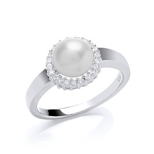 Sterling 925 Sterling Silver Freshwater Pearl & CZ Ring