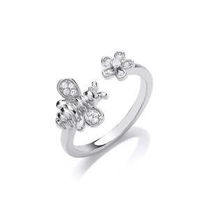 Silver CZ Bumble Bee & Flower Fancy Ring