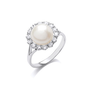 Silver CZ & Fresh Water Pearl Ladies Ring