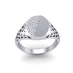 Silver PT Plate Gents Round CZ Signet Basket Sides Ring