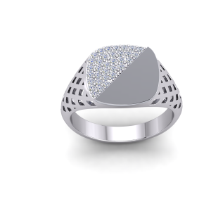 Silver PT Plate Gents Cushion CZ Signet Basket Sides Ring