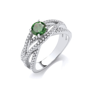 Silver CZ & Emerald Fancy Crossover Ring