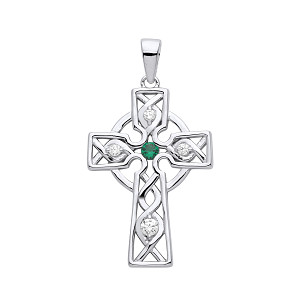 925 Sterling Silver CZ & Emerald Celtic Trinity Knot Cross Pendant
