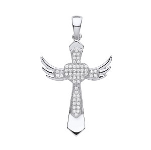 Silver CZ Heart Wing Cross Pendant