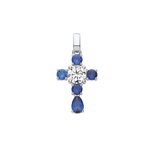 Silver CZ & Sapphire Fancy Cross Pendant