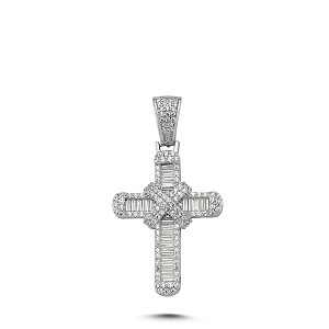 Silver CZ Fancy Baguette Cross Pendant