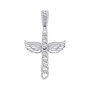 Silver CZ Angel Wings Cross Pendant