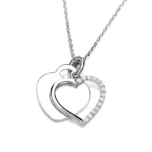 925 Sterling Silver Swarovski Zirconia Double Heart Pendant & Chain